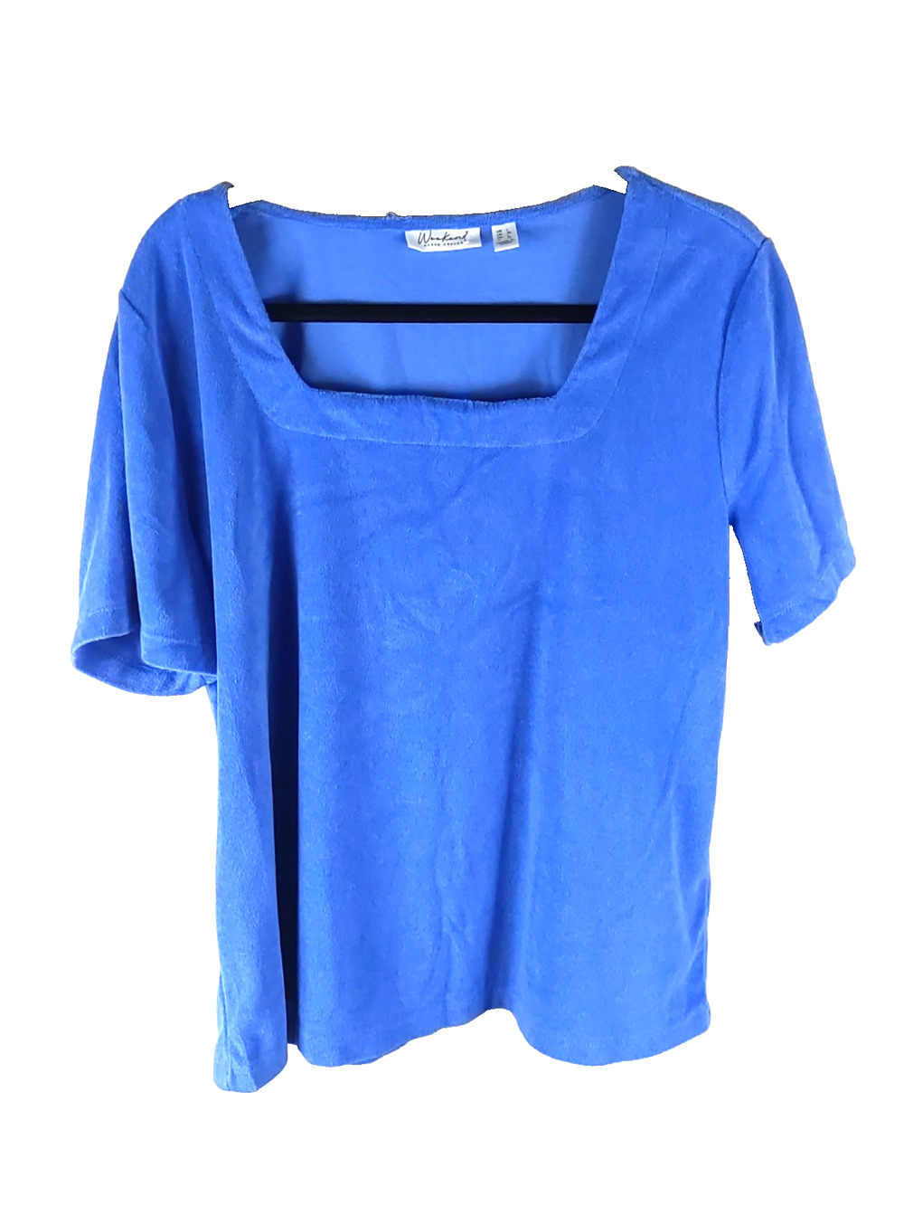 Weekend Susan Graver Women's Shirt Size Large Blue Square Neck Short Sleeve